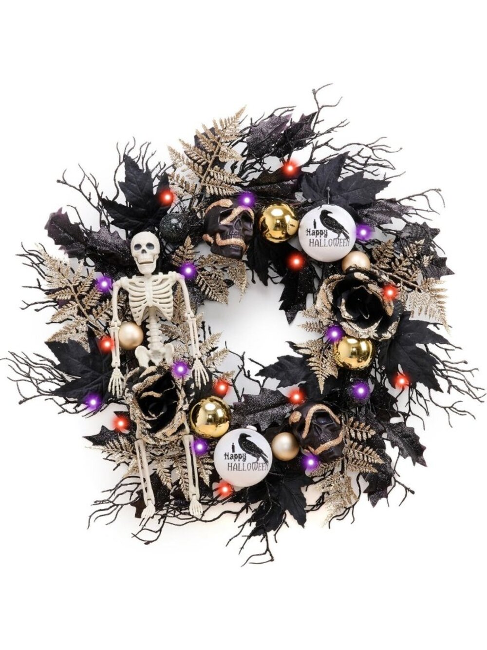 24'' Halloween Skeleton Wreath with Lights | Spooky Front Door Decor